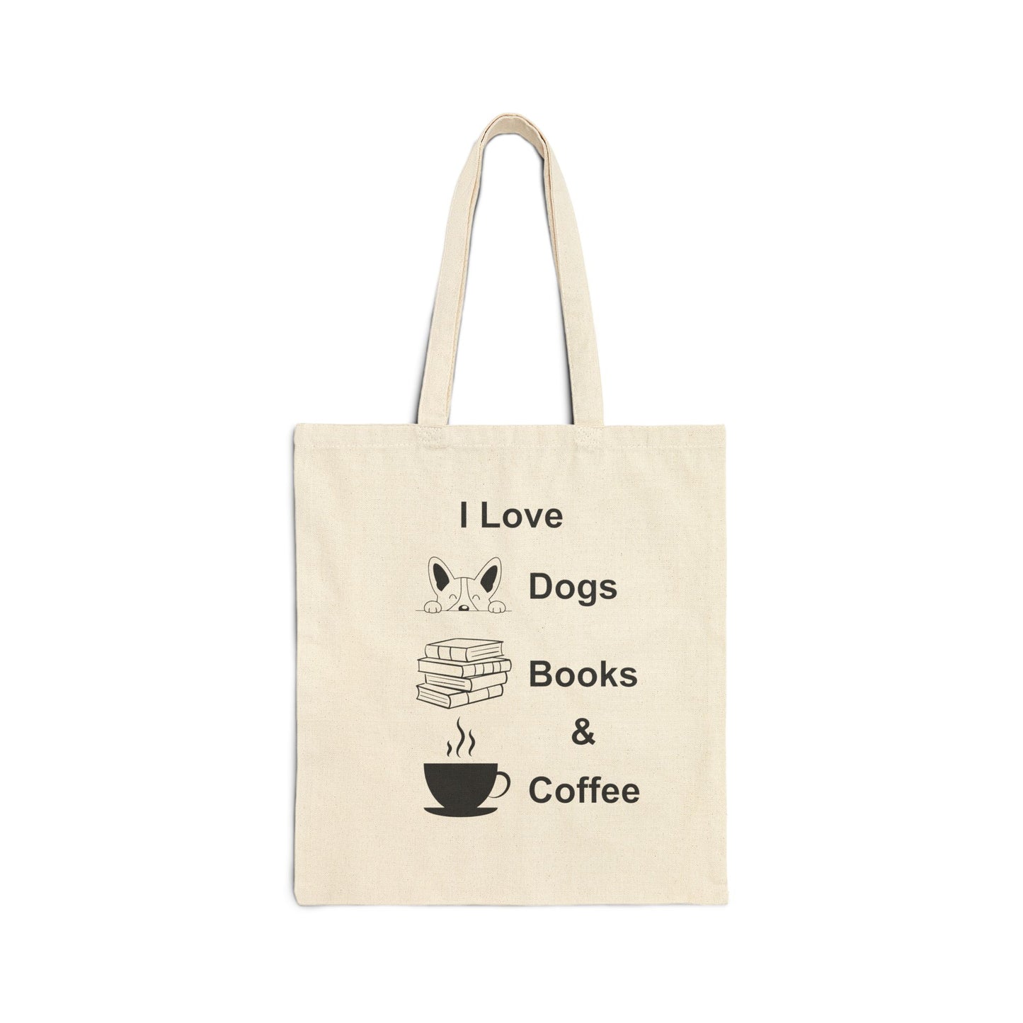 I Love Dogs, Books, and Coffee Canvas Tote Bag – Perfect for Dog Lovers and Bookworms