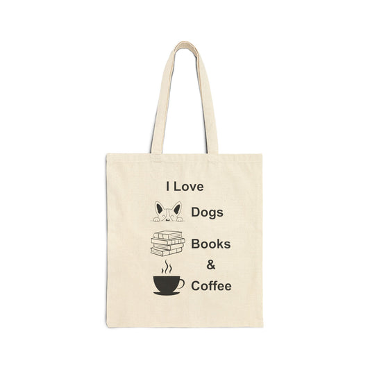 I Love Dogs, Books, and Coffee Canvas Tote Bag – Perfect for Dog Lovers and Bookworms